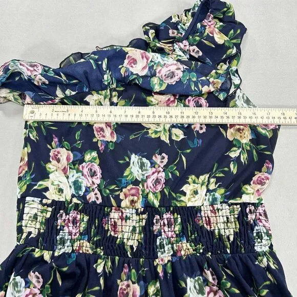Torrid Dress Women's 1 1X Blue Knee Length One Shoulder Floral Beach Cottagecore - Picture 6 of 13